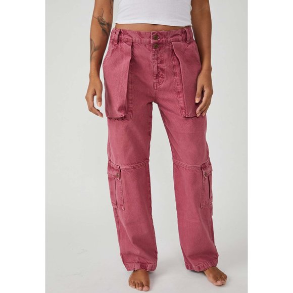 NWT Free People Marx Slouchy Cargo Jeans / Berry - Picture 2 of 7